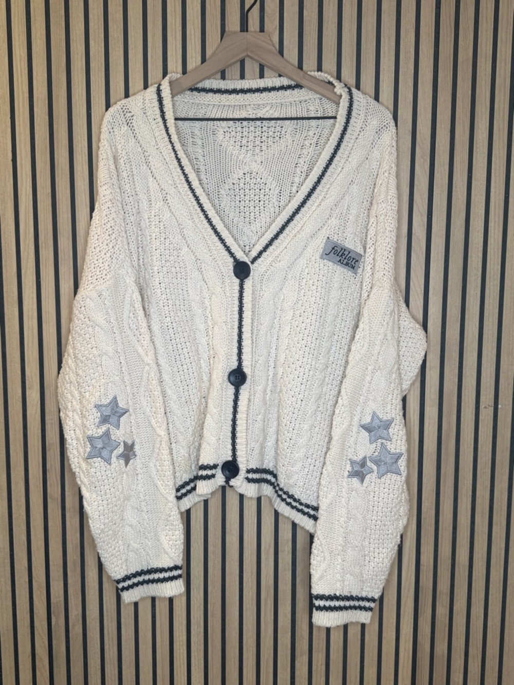 Taylor Swifts Folklore Album Cardigan Cream Cable Knit Sweater with Star Patches